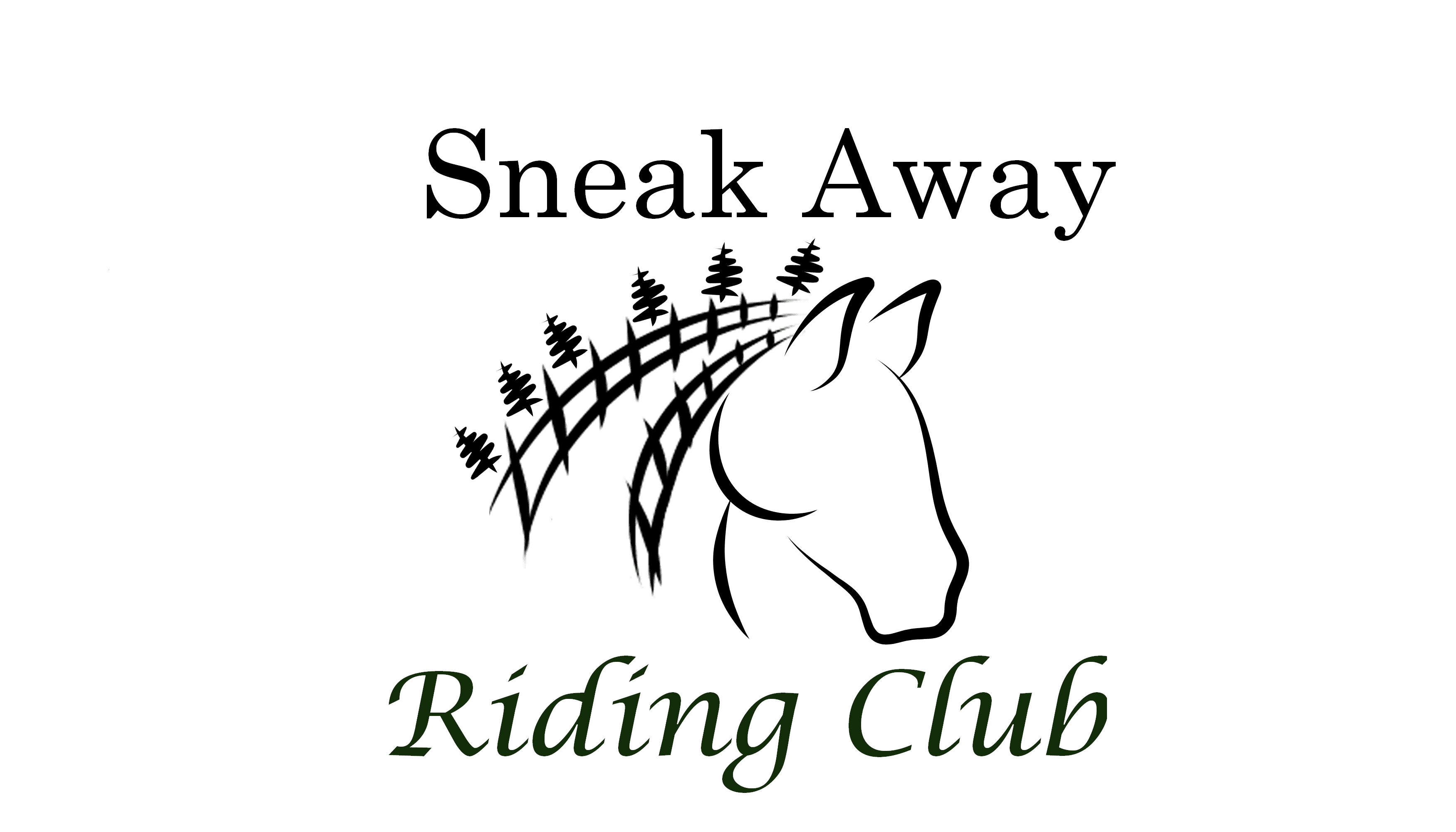 Logo for riding warehouse, outline of horse head with "Sneak Away Riding Club".